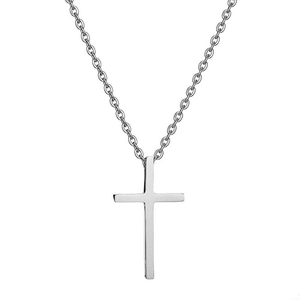 Minimalist polished stainless steel cross pendant necklace with a fine curb chain
