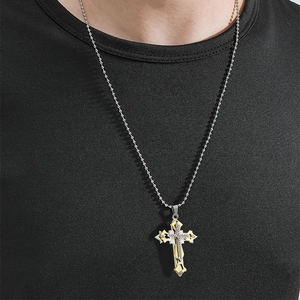 Collier pendentif croix multicouche pour hommes avec cristaux et chaîne à boules classique