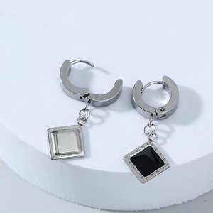 Vintage black geometric square drop earrings with silver hoop in polished stainless steel