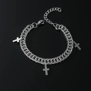 Collier et Bracelet en Acier Inoxydable pour Hommes Mailles Gourmette avec Croix Argenté Bijoux Hip Hop Punk