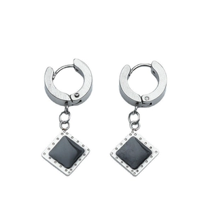 Vintage silver earrings with black geometric square stones and detailed dotted borders