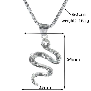 Close-up of silver snake pendant with scale texture, size 54x25mm and 60cm bead chain
