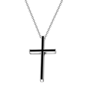 Classic silver cross pendant necklace with black enamel inlay on white background