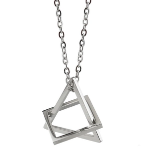 Unisex silver geometric interlocking triangle square steel necklace with O-chain