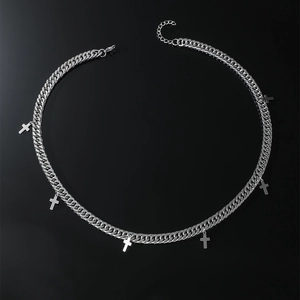 Collier chaîne cubaine en acier inoxydable argenté avec pendentifs croix pour homme