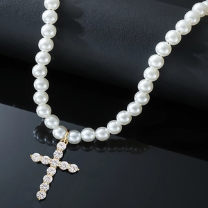 Collier De Künstliche Perles Pendentif Croix Avec Strass Chaîne En Alliage Bijoux Pour Hommes Femmes Style Hip Hop Gothique Cadeau