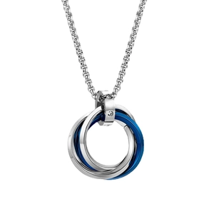 Polished silver and blue interlocking triple ring necklace with rhinestones on box chain