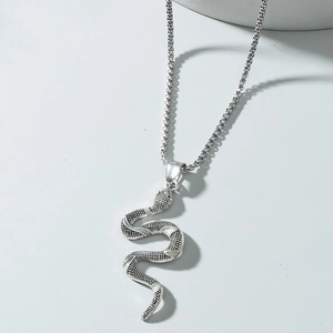 Silver snake pendant necklace with retro scales on round box chain and luminous finish