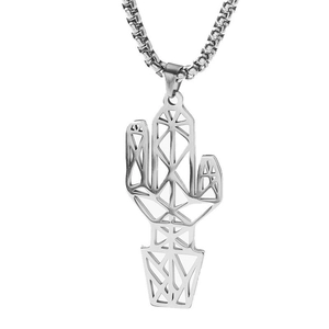 Minimalist cactus pendant necklace in stainless steel with geometric hollow out design