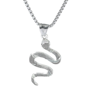 Luminous retro silver snake pendant with scale texture on a classic box chain necklace