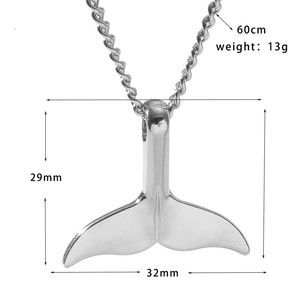 Detail showing mermaid tail pendant dimensions of 32mm by 29mm on a 60cm chain