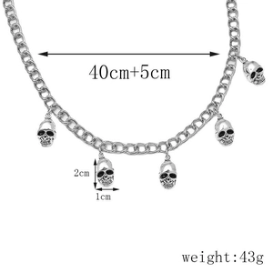 Silver skull necklace dimensions showing 45cm chain length and 2x1cm punk pendants