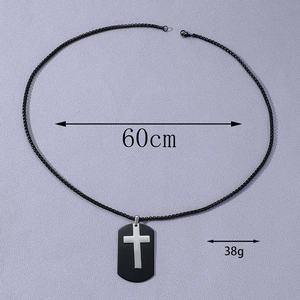 Detail showing cross tag necklace with 60cm length and 38g weight measurements