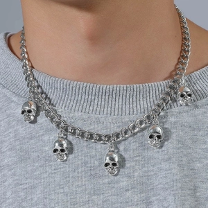 Men's Hip Hop Punk Skull Pendant Necklace Silver Electroplated Alloy Cuban Chain Gothic Rock Fashion Jewelry Gift For Men