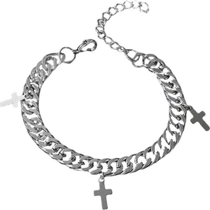 Bracelet gourmette argenté avec trois pendentifs croix et fermoir mousqueton style punk