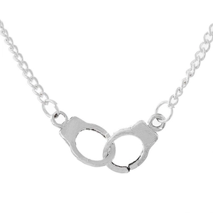 Men's stainless steel double handcuff pendant necklace in polished silver on white background