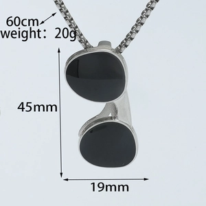 Detail view of sunglasses pendant necklace showing dimensions 45x19mm and 60cm chain