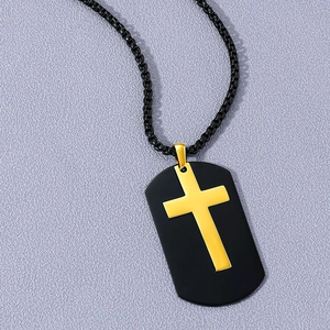 Men's black dog tag necklace with a gold cross pendant on a stainless steel box chain