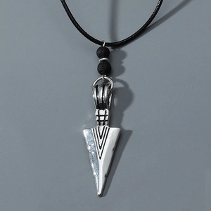 Vintage Spearhead Pendant Necklace With Volcanic Stone Beads Black Waxed Cord Unisex Alloy Punk Jewelry Accessory Gift