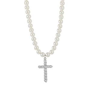 Collier élégant en perles avec pendentif croix serti de cristaux brillants pour femmes