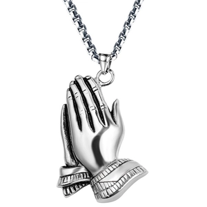 Collier rétro pour homme avec pendentif mains en prière argenté et chaîne maille vénitienne