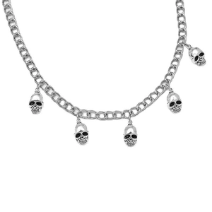 Silver punk Cuban chain necklace featuring five gothic skull pendants for men style