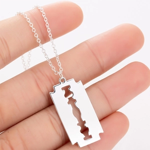 Men's vintage silver razor blade pendant necklace with slim chain industrial punk style