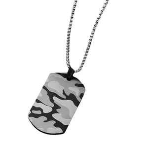 Vintage army camo dog tag necklace with a silver box chain for men in black titanium steel