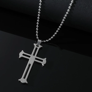 Collana con pendente a croce traforata in acciaio inossidabile argento e catena a sfere