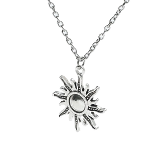 Vintage sun pendant necklace in antique silver finish with radial sunburst design on chain