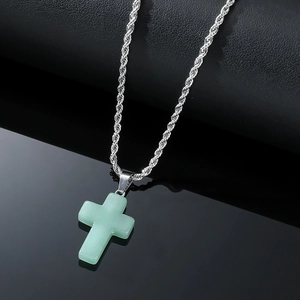 Cross pendant necklace with pale green crystal stone and silver braided twist chain for men