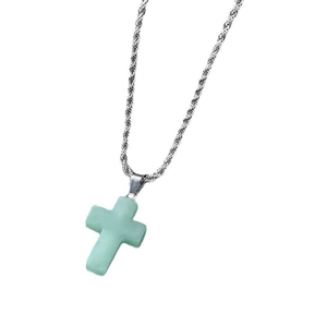 Minimalist light green crystal stone cross pendant with silver twisted rope chain necklace