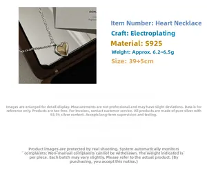 Detailed size parameters of 925 silver two-tone matte heart necklace with 39+5cm chain