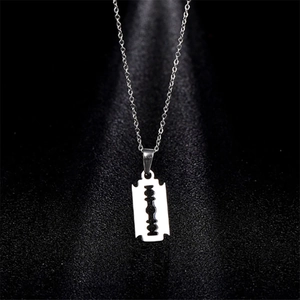 Gothic punk razor blade pendant necklace for men in vintage silver stainless steel