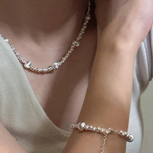 Minimalist S925 sterling silver beaded jewelry set with lava texture charms for women