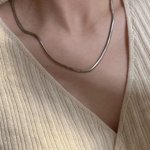 Minimalist S925 sterling silver flat snake chain necklace worn on a female neck