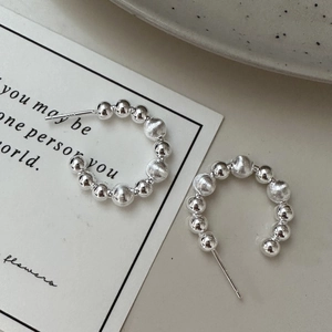 925 Sterling Silver Beaded C-Shape Hoop Earrings Korean Minimalist Polished Brushed Gradient Bead Earrings For Women Jewelry