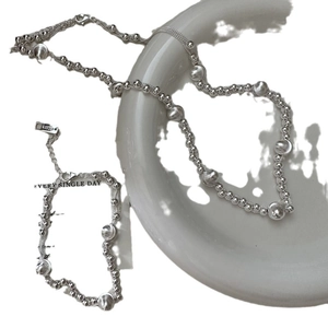 Minimalist S925 sterling silver cat eye bead necklace and bracelet jewelry set for women