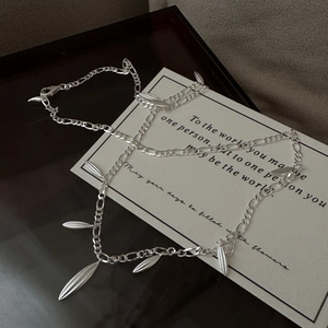 S925 Sterling Silver Bamboo Leaf Necklace Figaro Chain Minimalist Water Drop Pendant Necklaces For Women Korean Style Jewelry