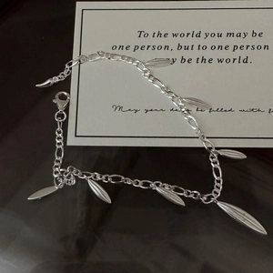 Minimalist 925 Sterling Silver Leaf Charm Bracelet For Women Vintage Matte Figaro Chain Bamboo Water Drop Jewelry Gift