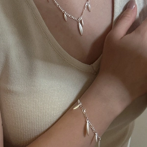 Elegant S925 sterling silver fringe necklace and bracelet set with leaf pendant drops