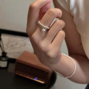 Minimalist S925 sterling silver beaded heart ring with a dangling charm pendant