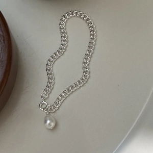 Bracelet chaîne cubaine en argent sterling S925 avec breloque perle baroque blanche
