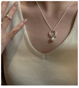 Elegant S925 silver set featuring a pearl pendant necklace and double pearl open ring