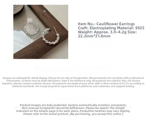 Macro detail of S925 sterling silver C-hoop earrings featuring floral texture and dimensions