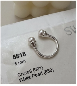 Close-up of S925 sterling silver open ring with 8mm white pearl and crystal detail