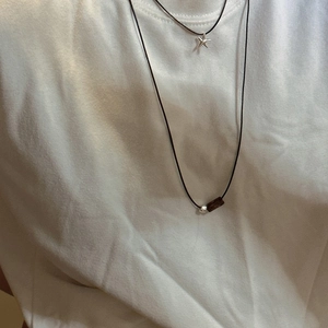 Minimalist double layer S925 silver necklace with star and wood bead on black cord