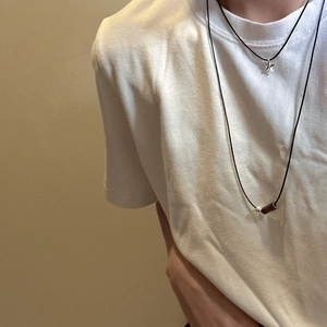 Minimalist S925 silver star pendant and brown wood bead layered necklace set with wax rope