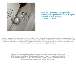 Macro detail of S925 sterling silver hollow hoop earrings showing dimensions and weight