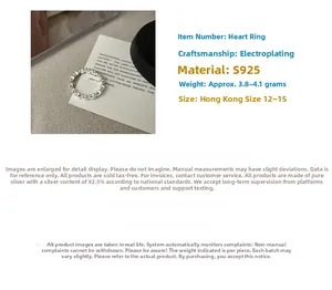 Detailed specs of S925 sterling silver heart ring showing electroplating and 4g weight